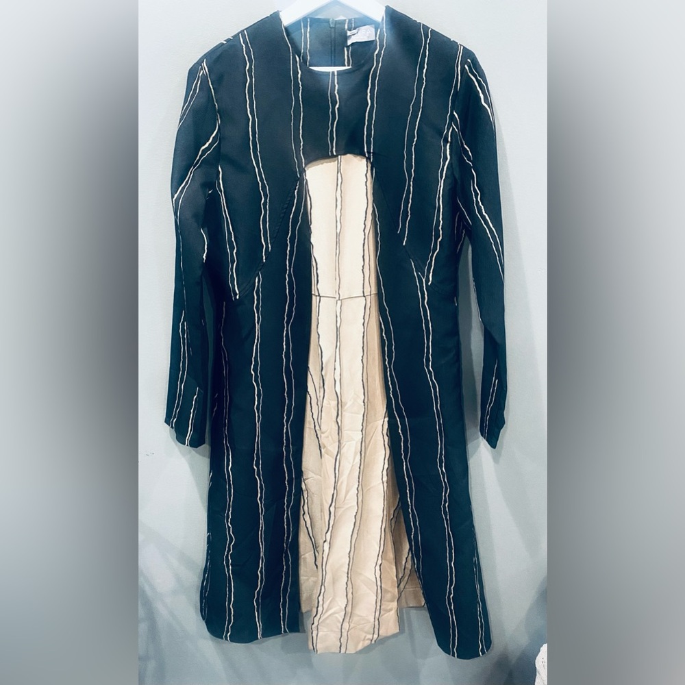 Vintage Women’s Midi Black Cream Stripe Long Sleeve Dress Central Cut Out Sz XL